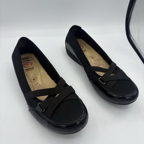 Earth Spirit Flat Ballet Shoes Womens 9.5‎ Peni Gelron Slip On Black Leather - Picture 1 of 9